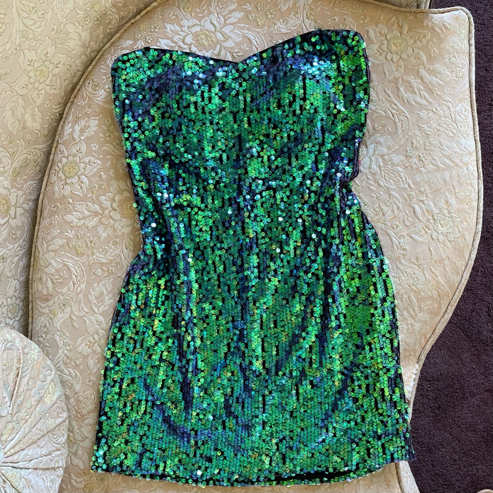 Green/Blue Sequin Strapless Dress L